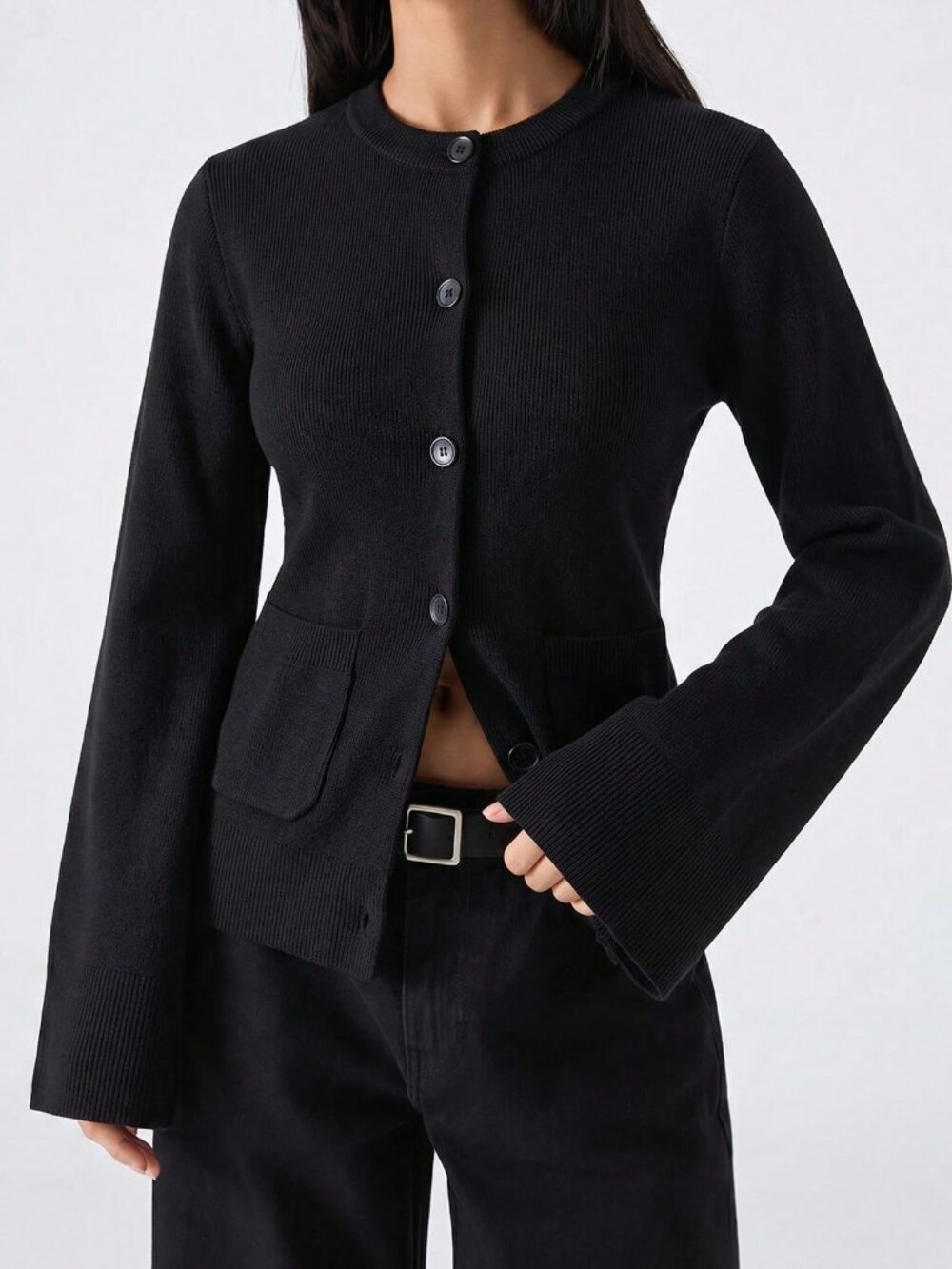 Black Casual Women's Slim Fit Office Minimalist Pocket Button Cardigan - Picture 5 of 7